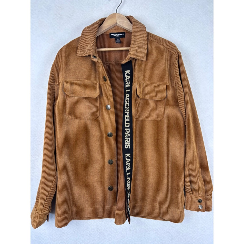 Karl Lagerfeld Paris Corduroy Shacket Size S Brown Logo Tape Button Up Jacket